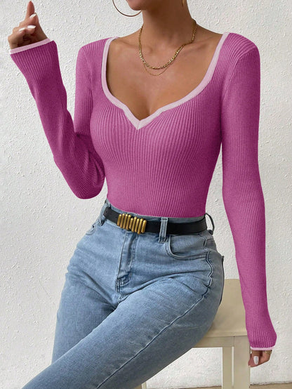 RosyDaze Contrast Binding Sweetheart Neck Ribbed Knit Sweater,Long Sleeve Tops Knit Pullover Fall Winter Outfit