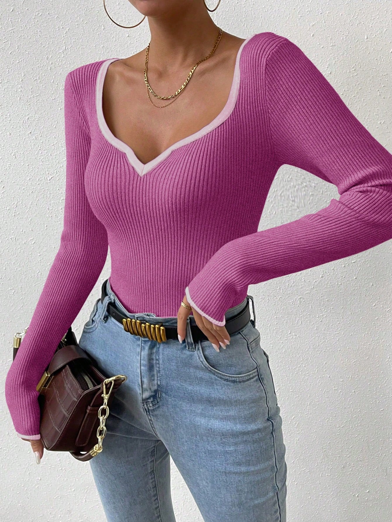 RosyDaze Contrast Binding Sweetheart Neck Ribbed Knit Sweater,Long Sleeve Tops Knit Pullover Fall Winter Outfit