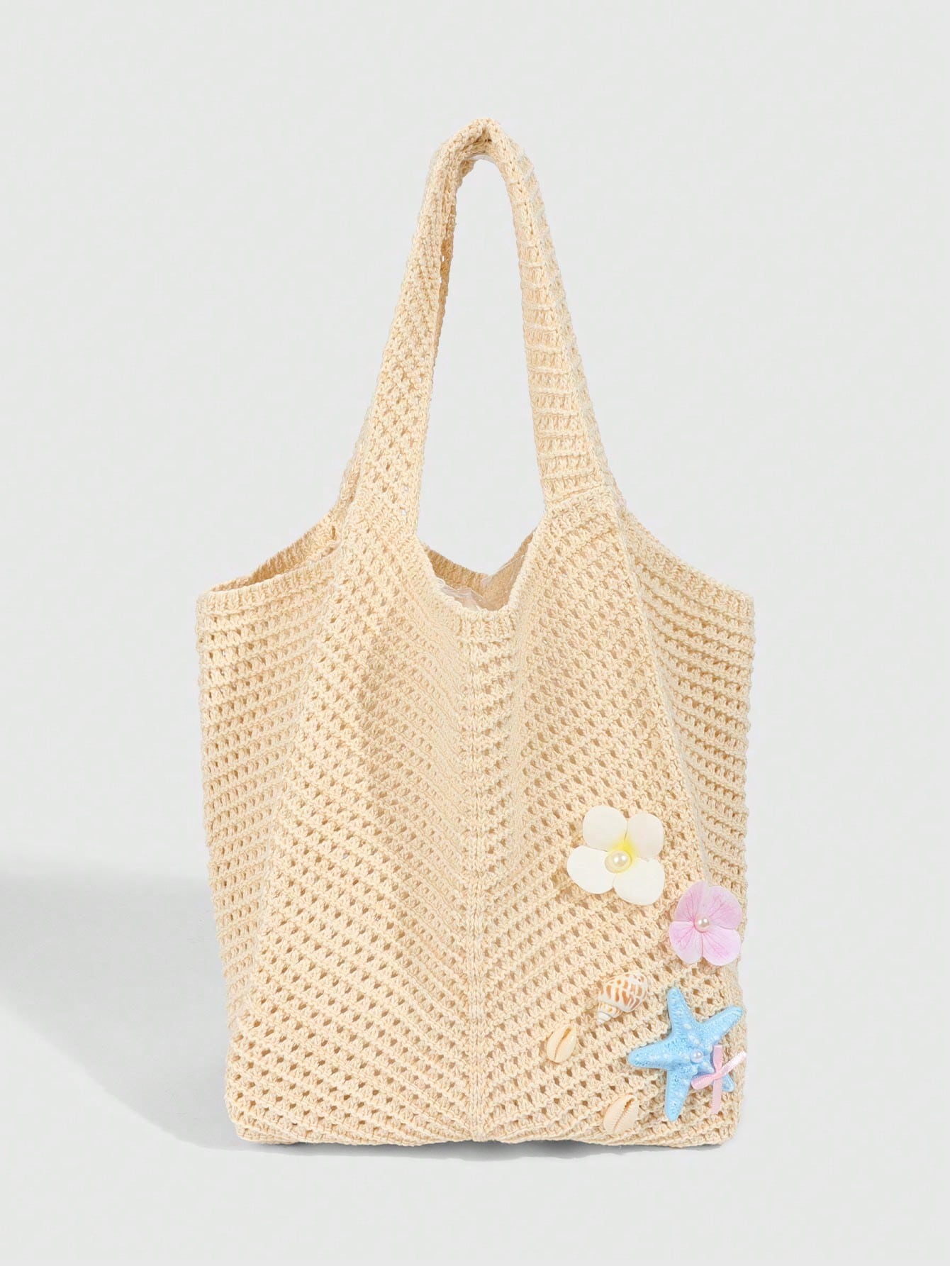 ROMWE Fairycore 1pc Tropical Ocean Beach Resort Style Woven Hollow Khaki Women Shoulder Tote Bag, Large Capacity