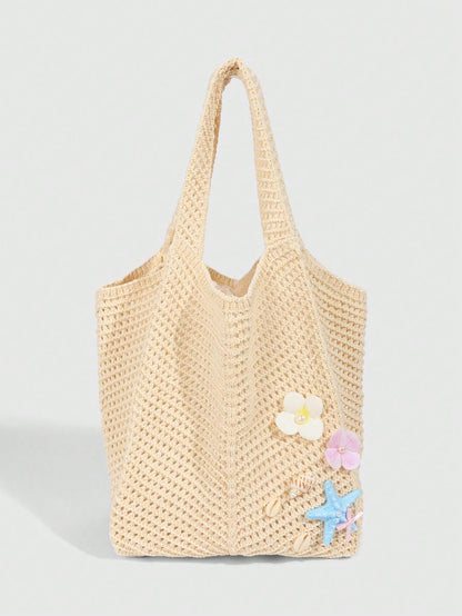 ROMWE Fairycore 1pc Tropical Ocean Beach Resort Style Woven Hollow Khaki Women Shoulder Tote Bag, Large Capacity