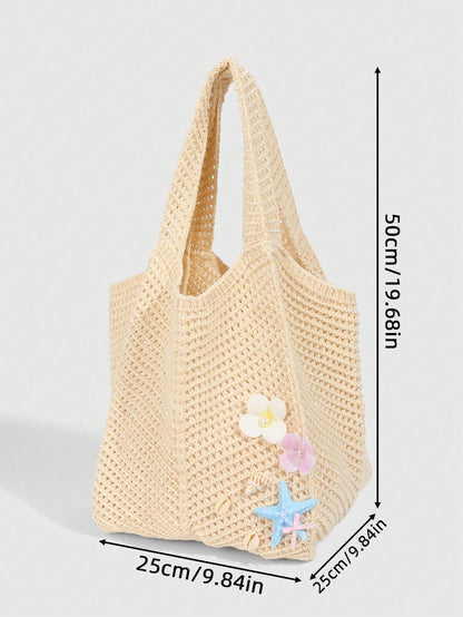 ROMWE Fairycore 1pc Tropical Ocean Beach Resort Style Woven Hollow Khaki Women Shoulder Tote Bag, Large Capacity