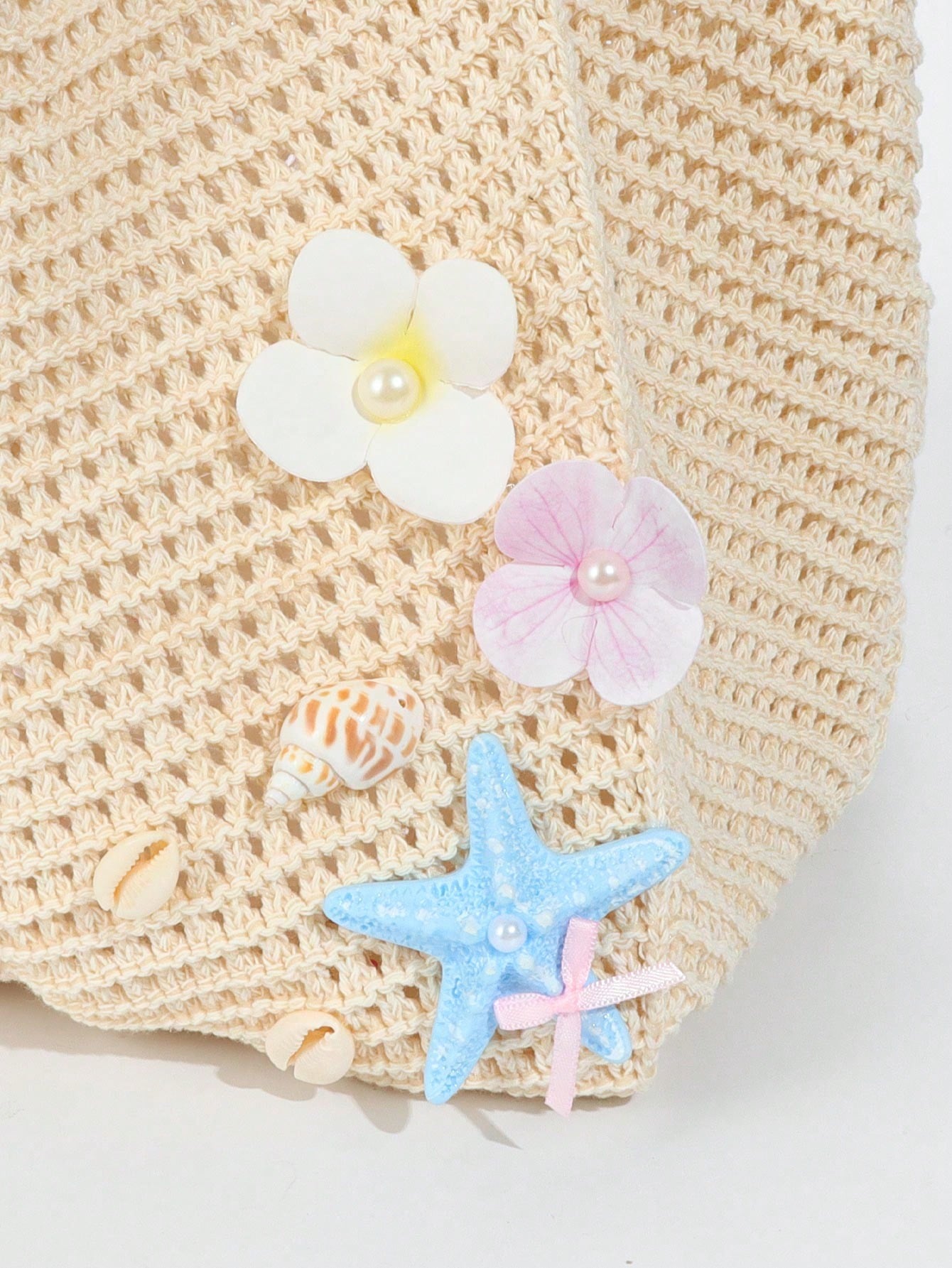 ROMWE Fairycore 1pc Tropical Ocean Beach Resort Style Woven Hollow Khaki Women Shoulder Tote Bag, Large Capacity