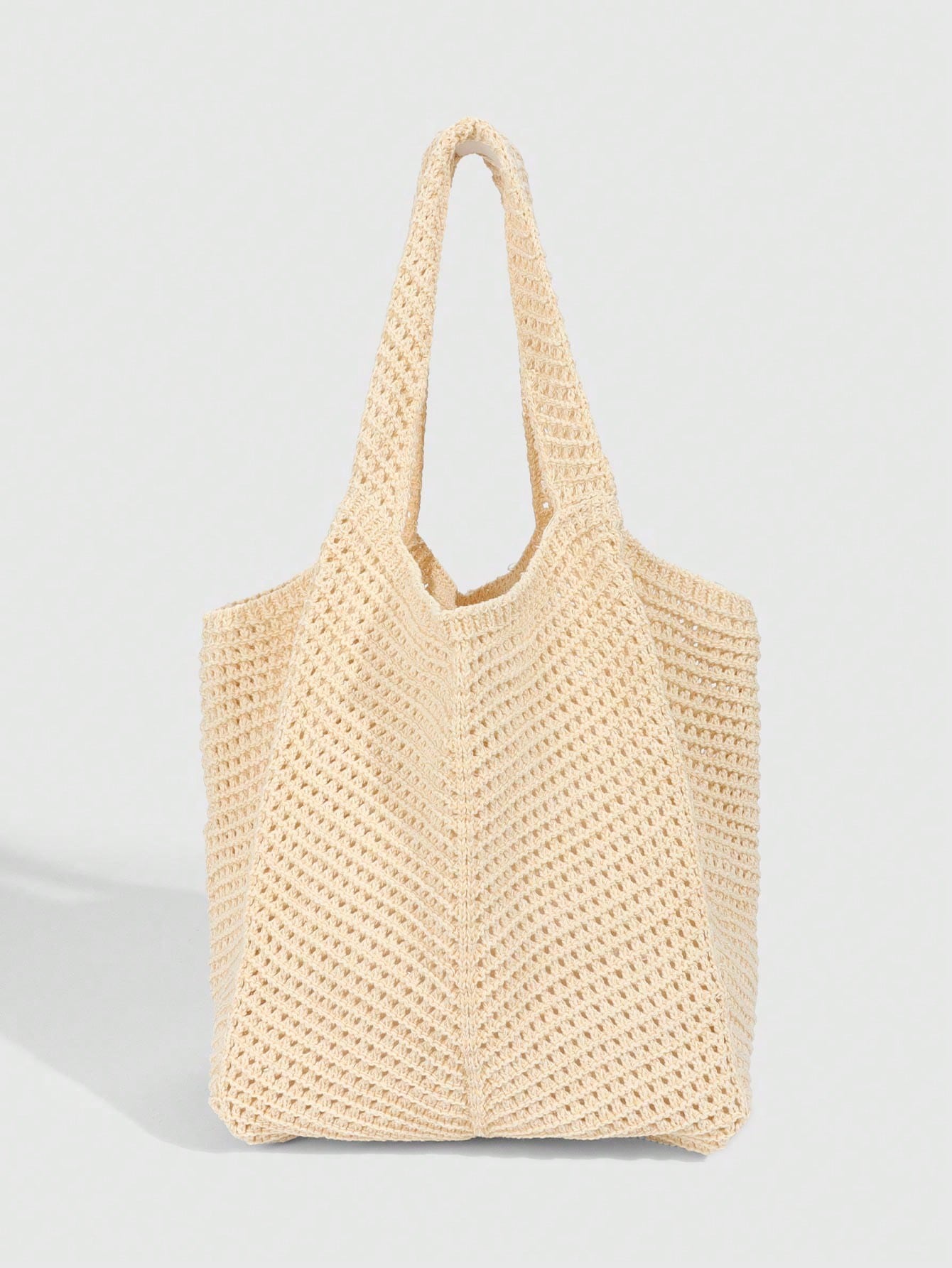 ROMWE Fairycore 1pc Tropical Ocean Beach Resort Style Woven Hollow Khaki Women Shoulder Tote Bag, Large Capacity