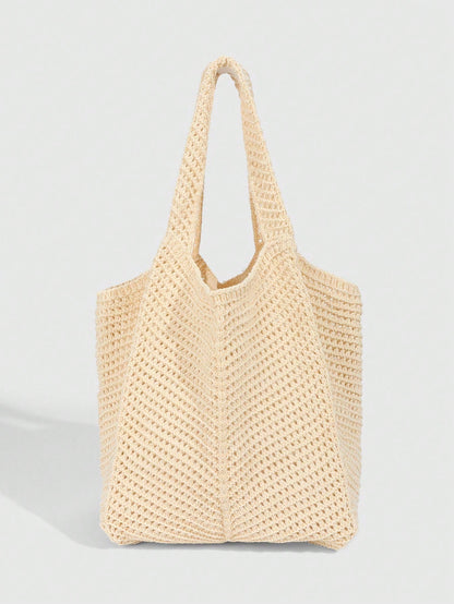 ROMWE Fairycore 1pc Tropical Ocean Beach Resort Style Woven Hollow Khaki Women Shoulder Tote Bag, Large Capacity