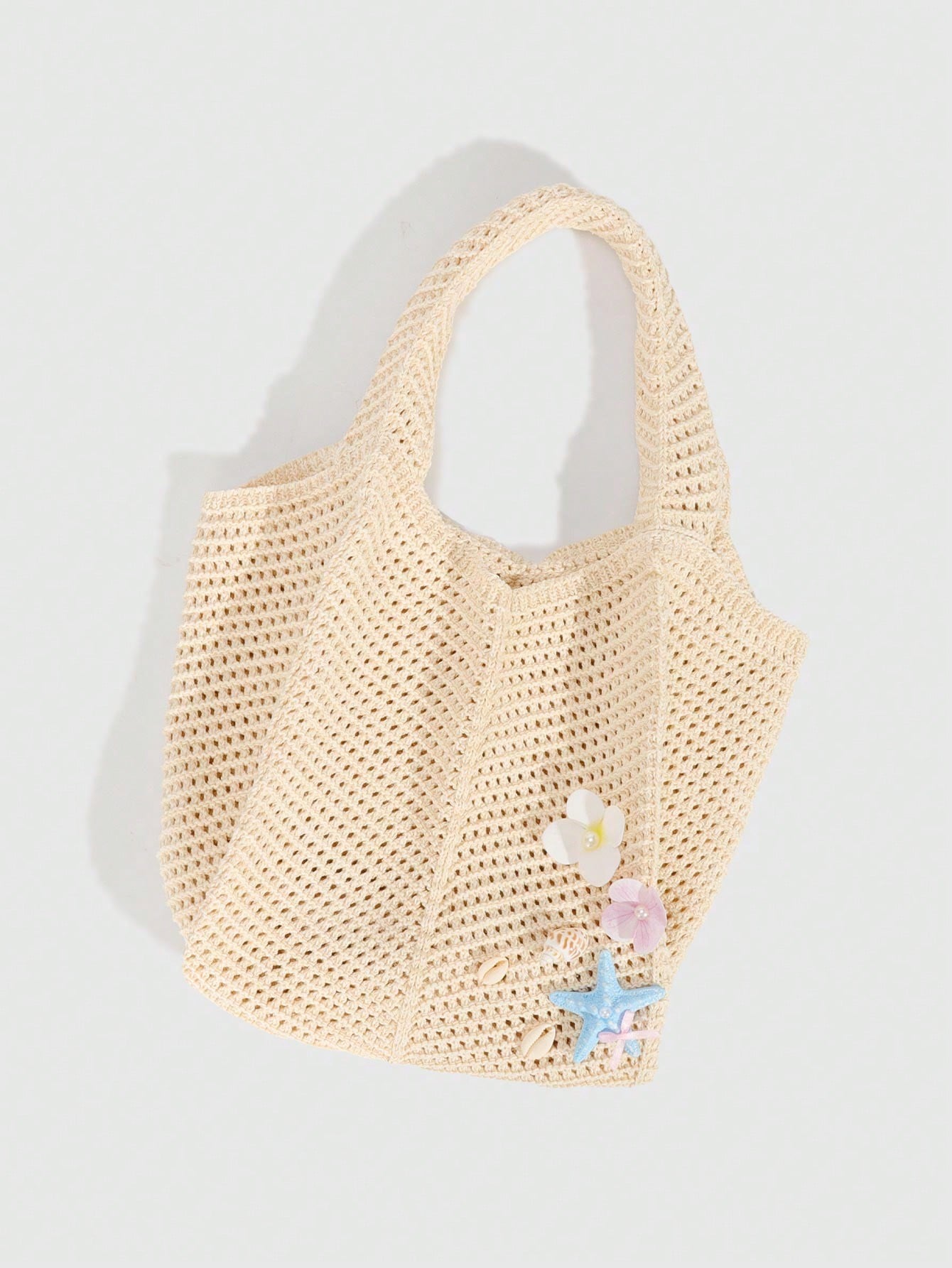 ROMWE Fairycore 1pc Tropical Ocean Beach Resort Style Woven Hollow Khaki Women Shoulder Tote Bag, Large Capacity