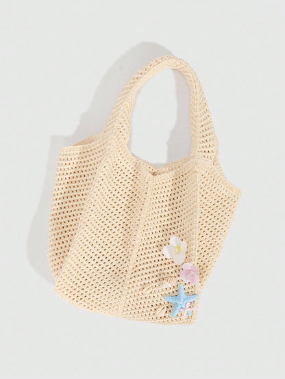 ROMWE Fairycore 1pc Tropical Ocean Beach Resort Style Woven Hollow Khaki Women Shoulder Tote Bag, Large Capacity