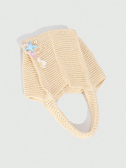 ROMWE Fairycore 1pc Tropical Ocean Beach Resort Style Woven Hollow Khaki Women Shoulder Tote Bag, Large Capacity