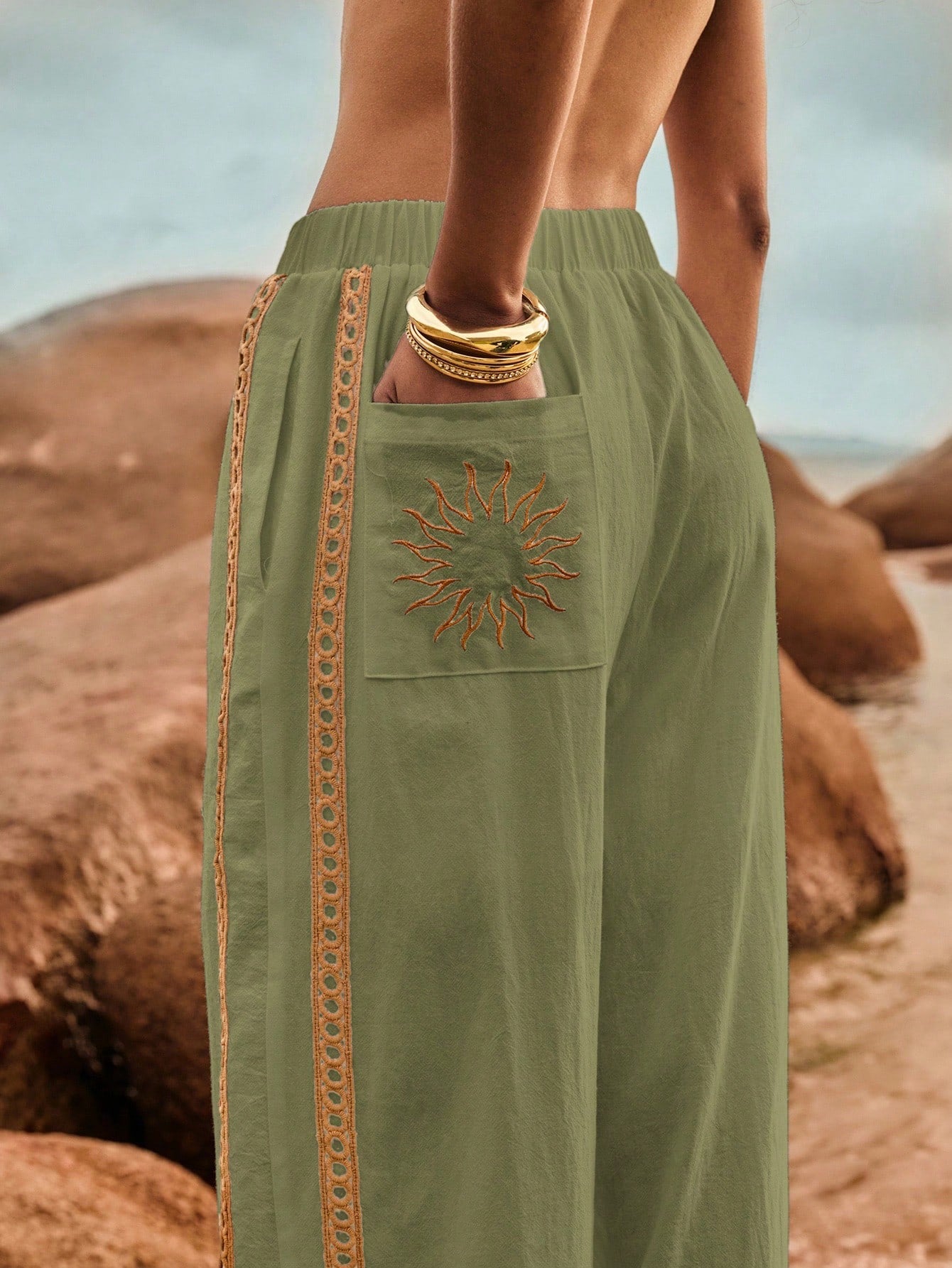 Poéselle Women's Wide Leg Loose Casual Pants With Sun Embroidered Pockets,Vacation Outfits Woman,Beach Vacation,Embroidered Pants,Summer Outfits For Women Vacation Outfits Women Resort Wear
