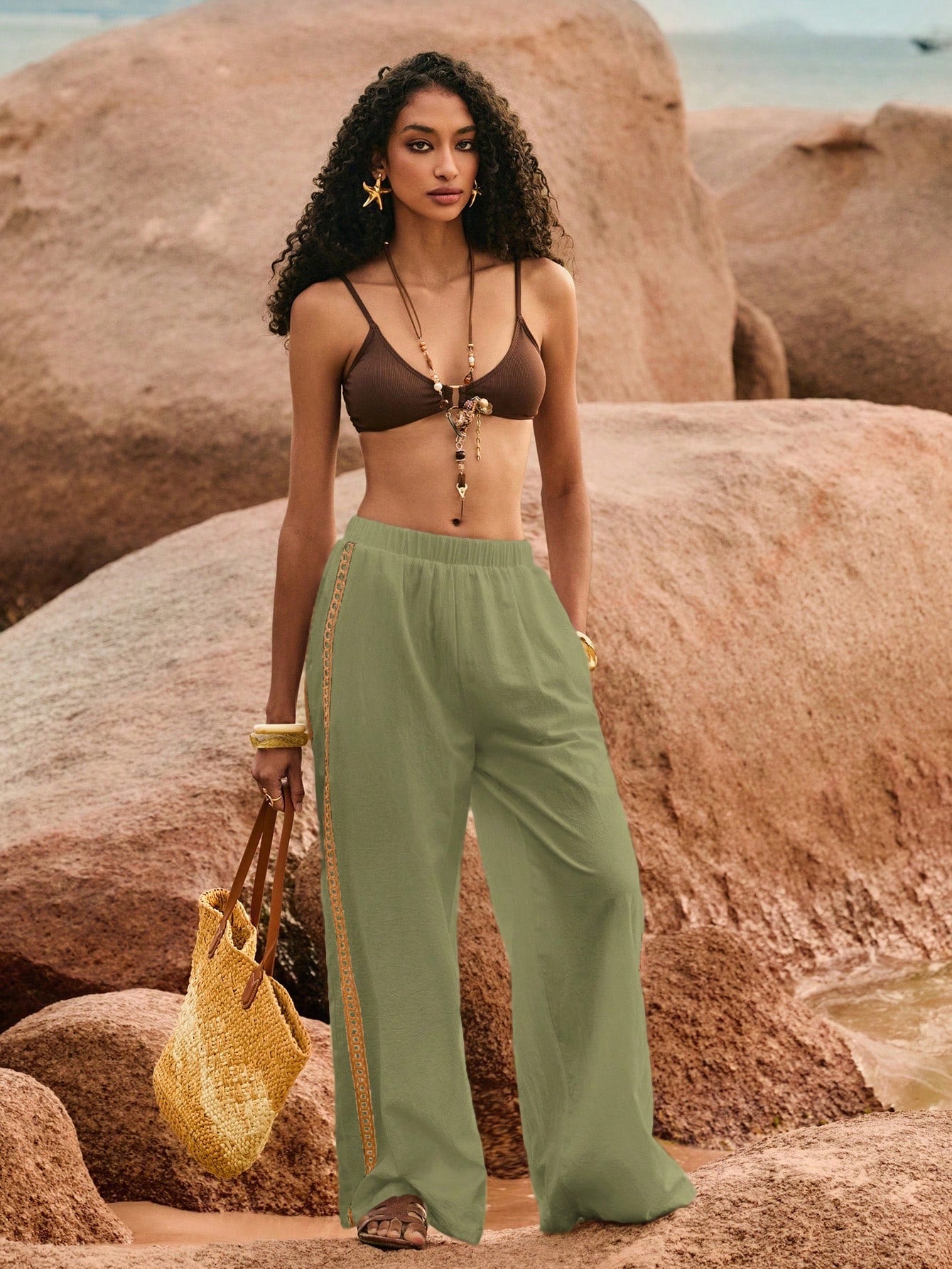 Poéselle Women's Wide Leg Loose Casual Pants With Sun Embroidered Pockets,Vacation Outfits Woman,Beach Vacation,Embroidered Pants,Summer Outfits For Women Vacation Outfits Women Resort Wear