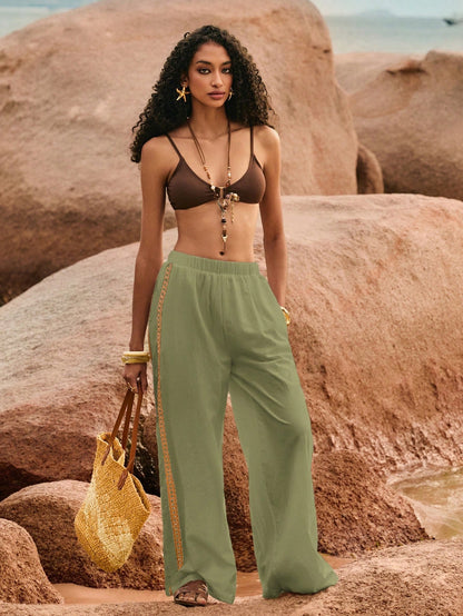 Poéselle Women's Wide Leg Loose Casual Pants With Sun Embroidered Pockets,Vacation Outfits Woman,Beach Vacation,Embroidered Pants,Summer Outfits For Women Vacation Outfits Women Resort Wear