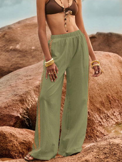 Poéselle Women's Wide Leg Loose Casual Pants With Sun Embroidered Pockets,Vacation Outfits Woman,Beach Vacation,Embroidered Pants,Summer Outfits For Women Vacation Outfits Women Resort Wear