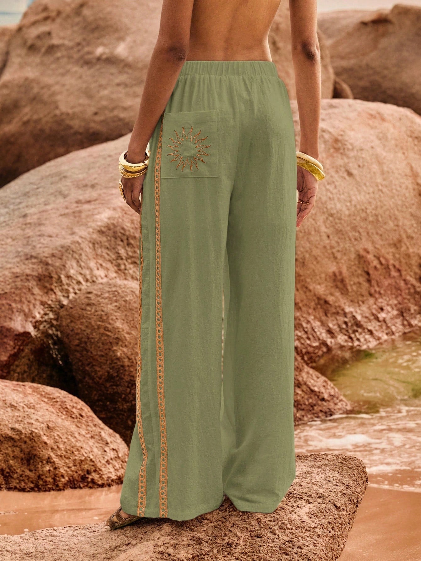 Poéselle Women's Wide Leg Loose Casual Pants With Sun Embroidered Pockets,Vacation Outfits Woman,Beach Vacation,Embroidered Pants,Summer Outfits For Women Vacation Outfits Women Resort Wear