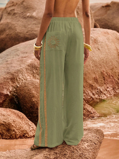 Poéselle Women's Wide Leg Loose Casual Pants With Sun Embroidered Pockets,Vacation Outfits Woman,Beach Vacation,Embroidered Pants,Summer Outfits For Women Vacation Outfits Women Resort Wear