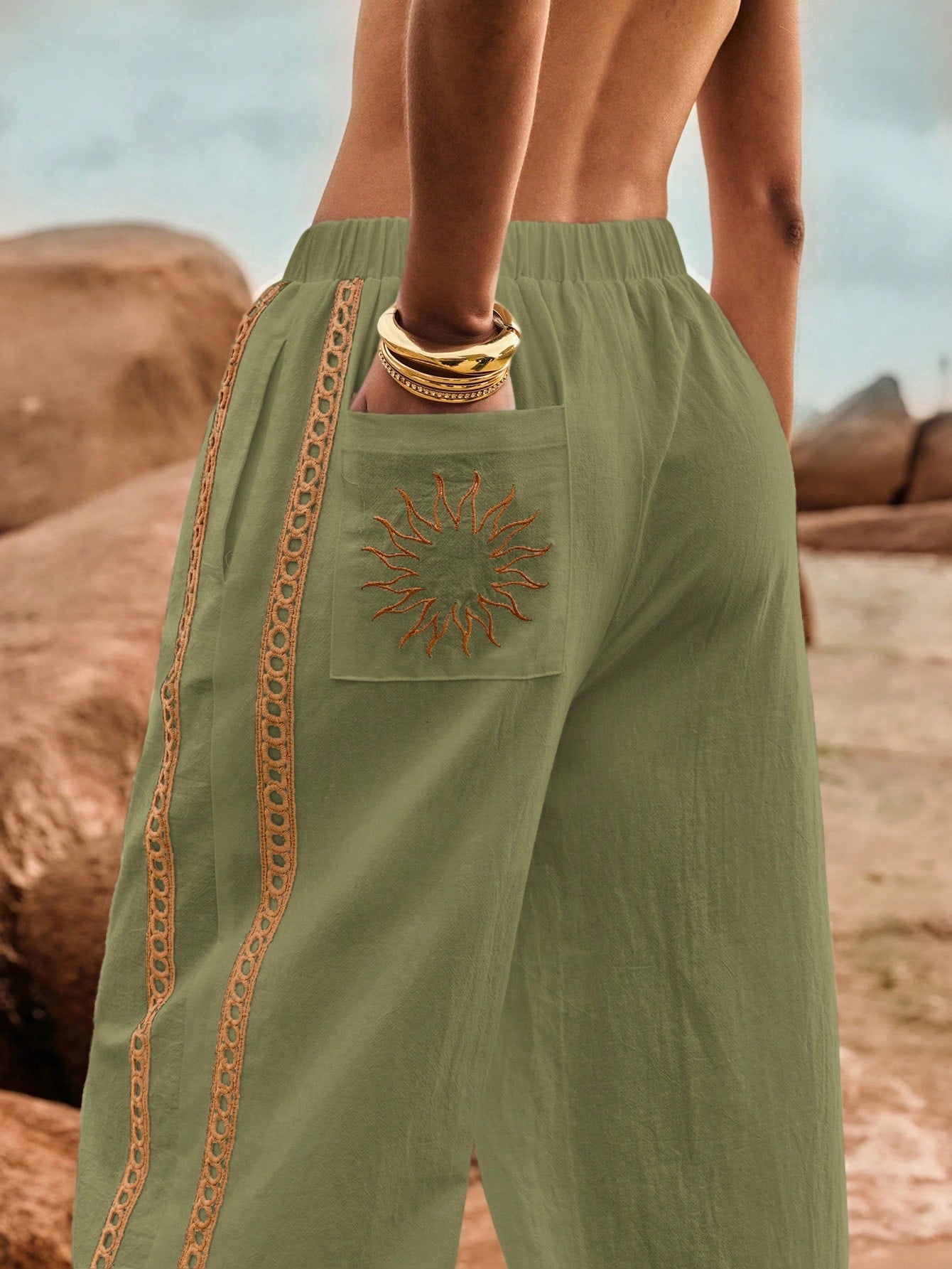 Poéselle Women's Wide Leg Loose Casual Pants With Sun Embroidered Pockets,Vacation Outfits Woman,Beach Vacation,Embroidered Pants,Summer Outfits For Women Vacation Outfits Women Resort Wear