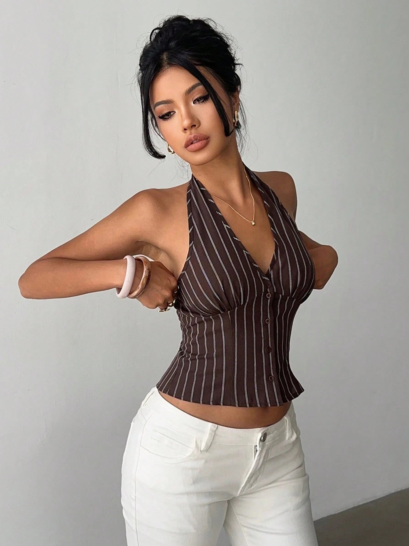 Aloruh Women Cotton Striped Stand Collar Single-Breasted Vest Thin Blazer