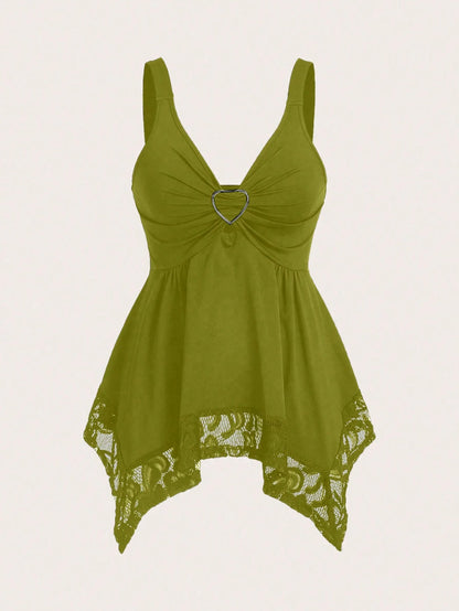 Sweetra Women Lace Decorated Heart Shaped And Floral Splicing Tank Top Y2K Outfit