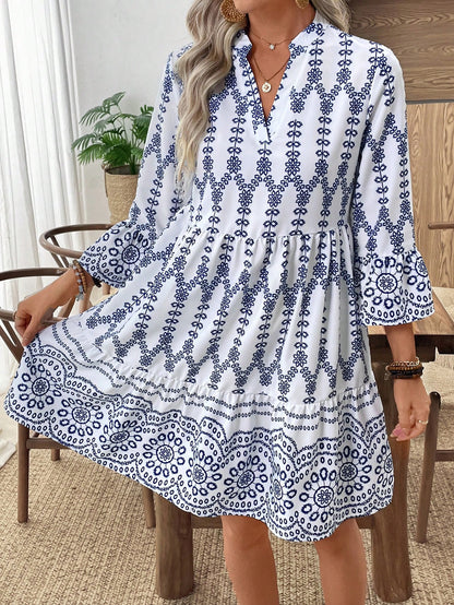 EMERY ROSE Women's Floral Print Cutout V-Neck Ruffled Hem Long Sleeve Mini Dress,Summer Dresses For Women