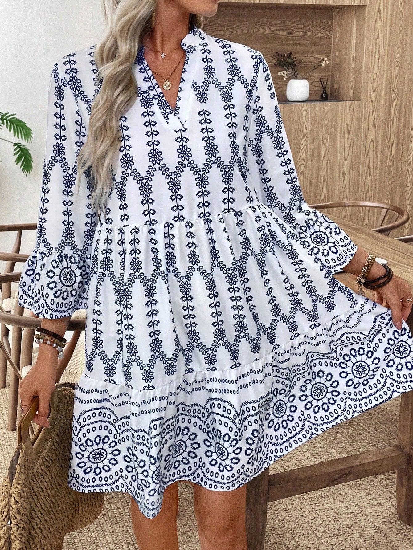 EMERY ROSE Women's Floral Print Cutout V-Neck Ruffled Hem Long Sleeve Mini Dress,Summer Dresses For Women