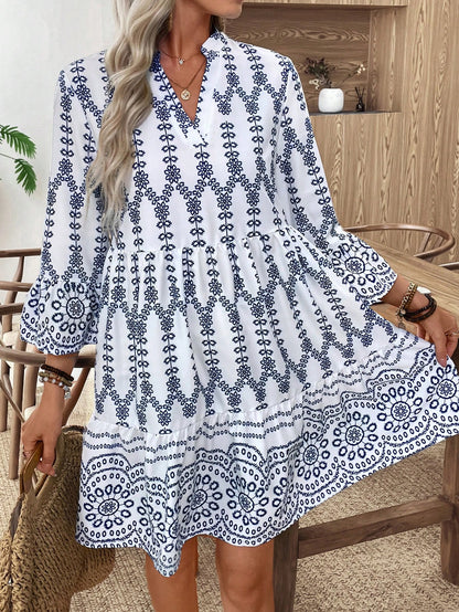 EMERY ROSE Women's Floral Print Cutout V-Neck Ruffled Hem Long Sleeve Mini Dress,Summer Dresses For Women