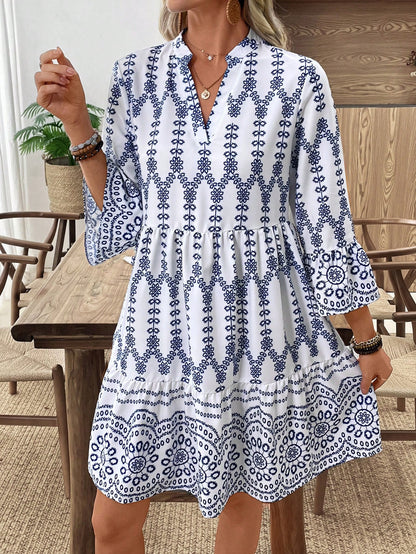 EMERY ROSE Women's Floral Print Cutout V-Neck Ruffled Hem Long Sleeve Mini Dress,Summer Dresses For Women