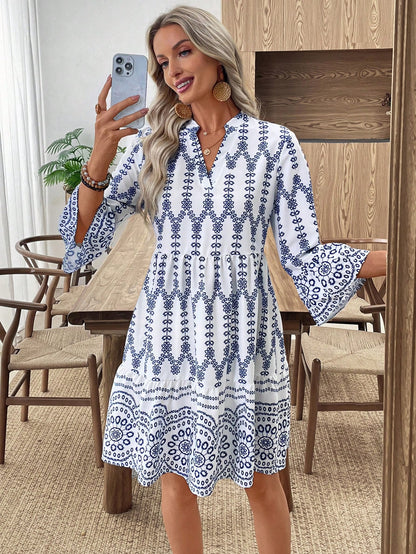 EMERY ROSE Women's Floral Print Cutout V-Neck Ruffled Hem Long Sleeve Mini Dress,Summer Dresses For Women