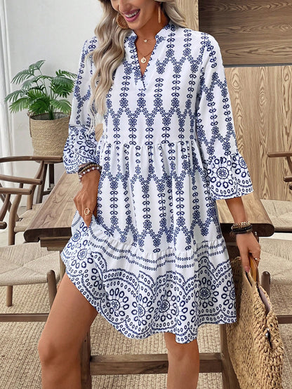 EMERY ROSE Women's Floral Print Cutout V-Neck Ruffled Hem Long Sleeve Mini Dress,Summer Dresses For Women