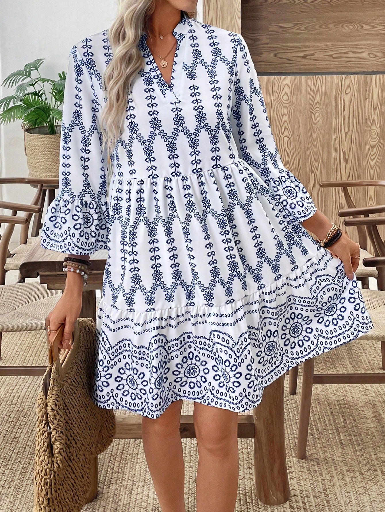 EMERY ROSE Women's Floral Print Cutout V-Neck Ruffled Hem Long Sleeve Mini Dress,Summer Dresses For Women