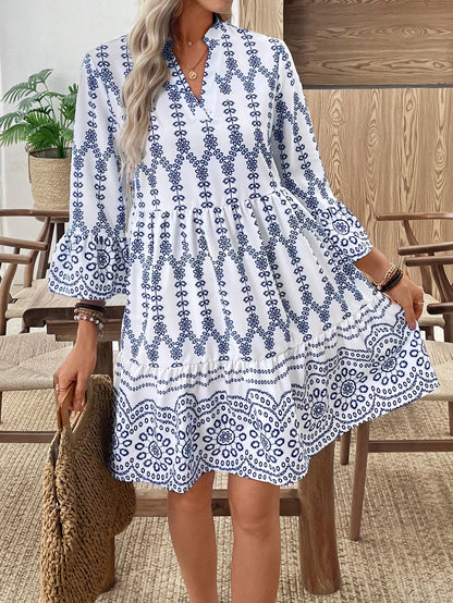 EMERY ROSE Women's Floral Print Cutout V-Neck Ruffled Hem Long Sleeve Mini Dress,Summer Dresses For Women