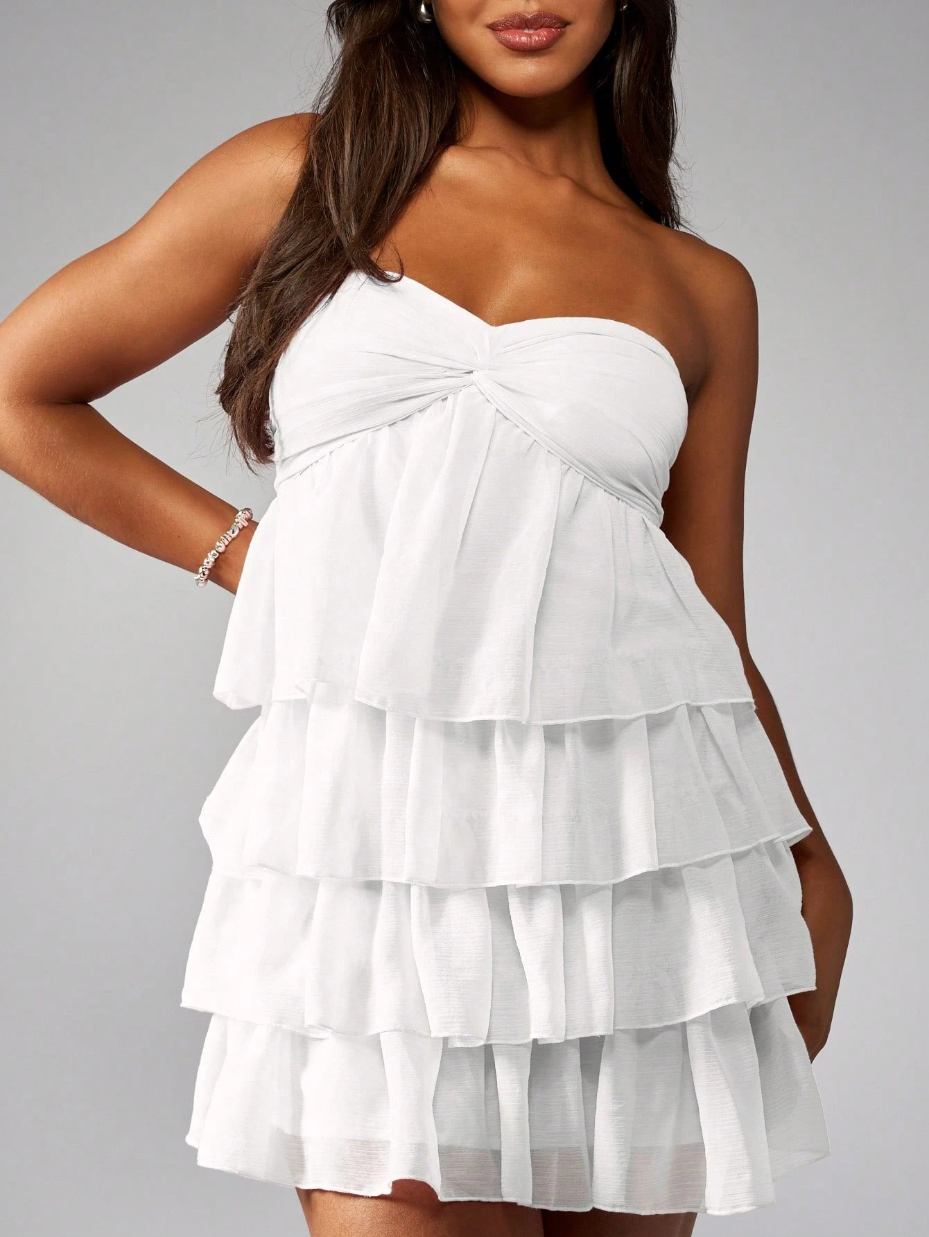 MISSGUIDED Strapless Mini Dress Tiered Ruffle Party Cocktail Wedding Guest Bridesmaid Twist Front Empire Waist