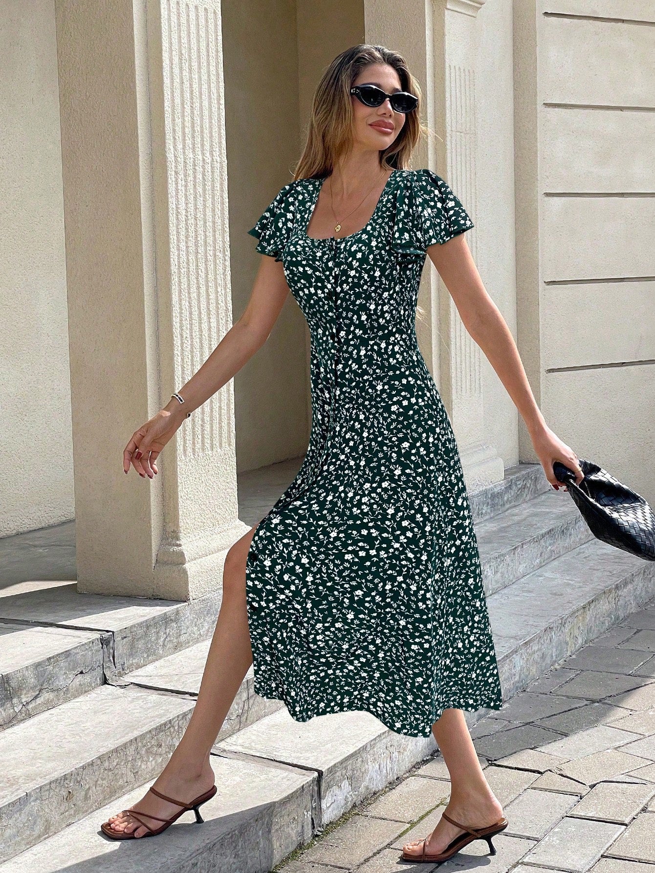 Serisse Women's Front Button Floral Allover Print Casual Long Dress,Bohemia