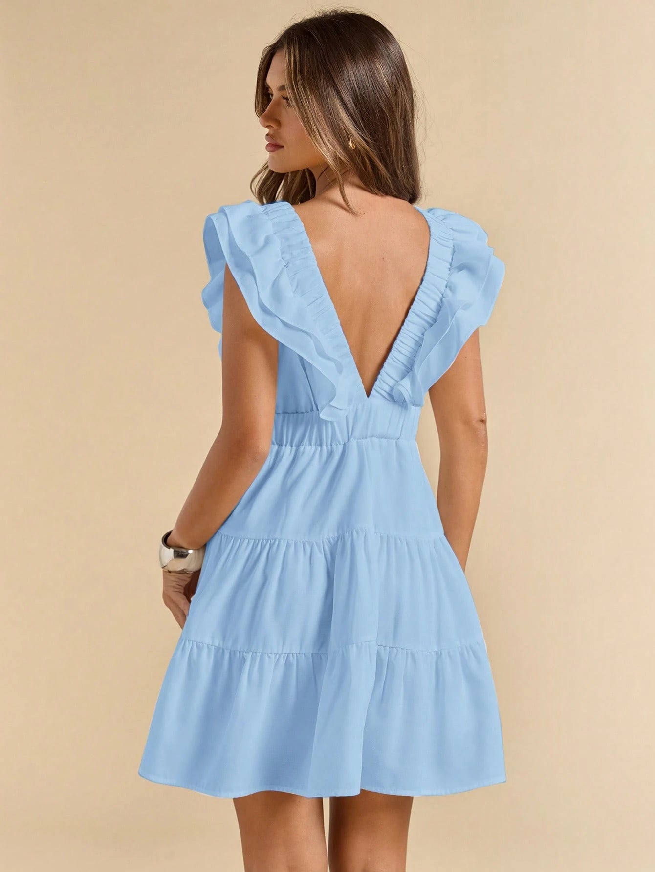 SHEIN BAE Linen V-Neck Short Sleeve Slim Fit Mini Dress, Vacation Dress, White Dress, Graduation & Back To School Dress,Boho Clothes Women