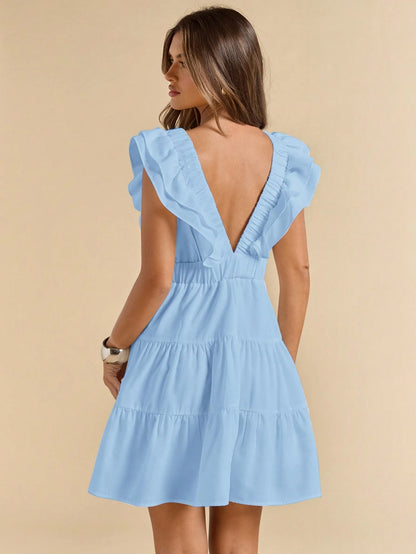 SHEIN BAE Linen V-Neck Short Sleeve Slim Fit Mini Dress, Vacation Dress, White Dress, Graduation & Back To School Dress,Boho Clothes Women