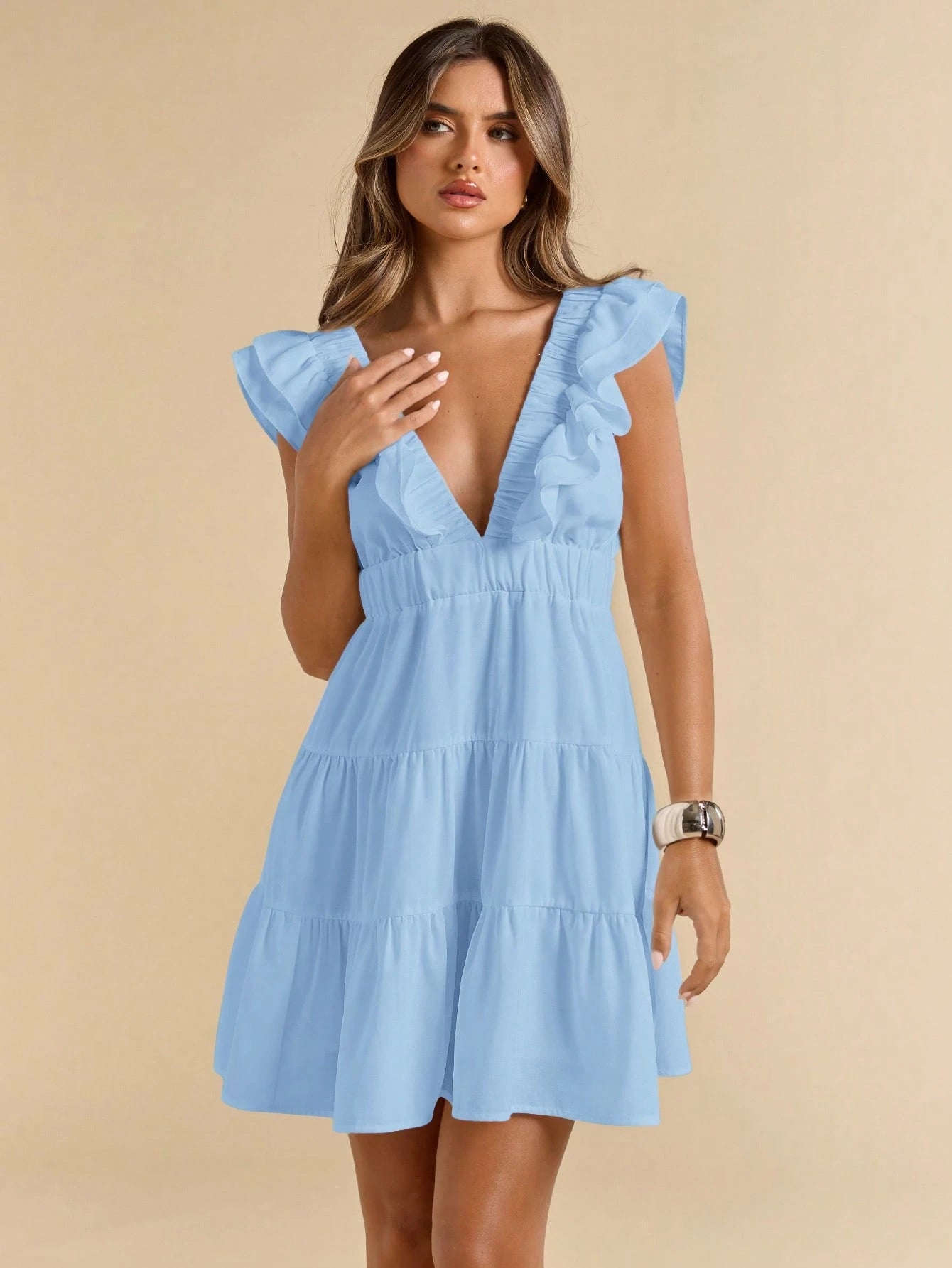 SHEIN BAE Linen V-Neck Short Sleeve Slim Fit Mini Dress, Vacation Dress, White Dress, Graduation & Back To School Dress,Boho Clothes Women