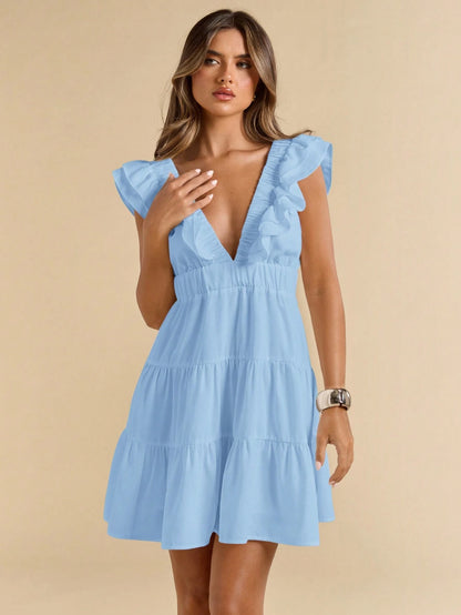 SHEIN BAE Linen V-Neck Short Sleeve Slim Fit Mini Dress, Vacation Dress, White Dress, Graduation & Back To School Dress,Boho Clothes Women