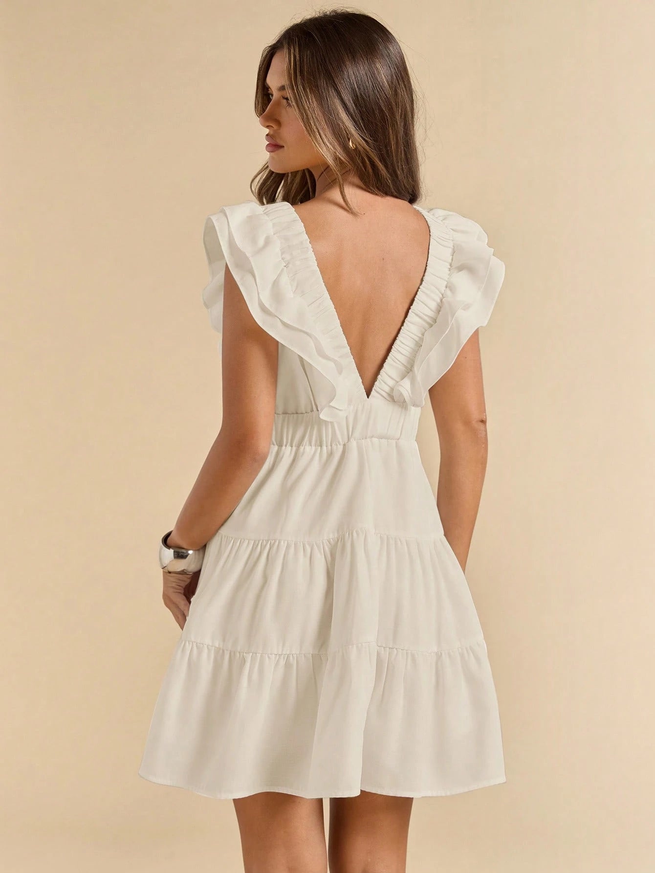 SHEIN BAE Linen V-Neck Short Sleeve Slim Fit Mini Dress, Vacation Dress, White Dress, Graduation & Back To School Dress,Boho Clothes Women