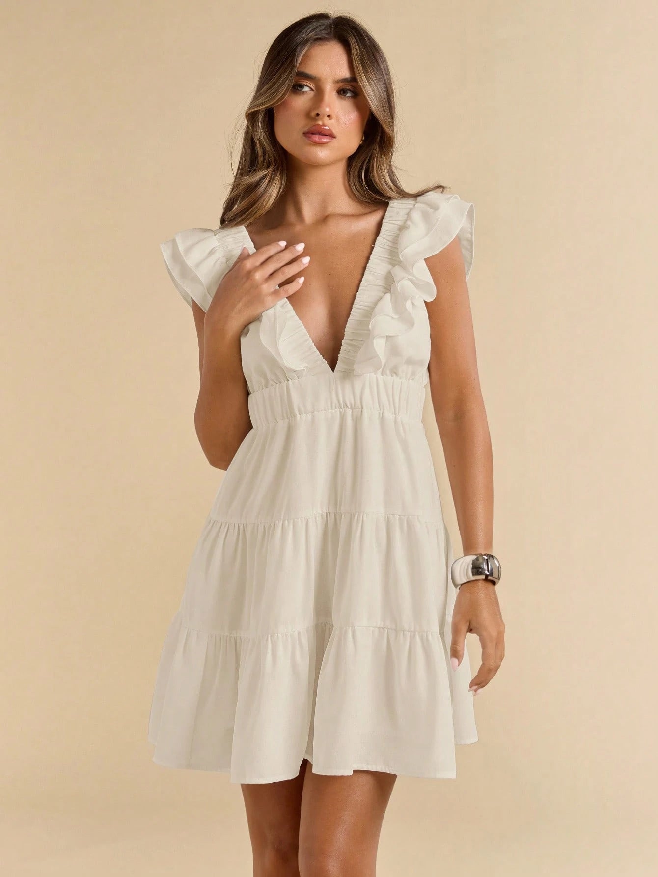 SHEIN BAE Linen V-Neck Short Sleeve Slim Fit Mini Dress, Vacation Dress, White Dress, Graduation & Back To School Dress,Boho Clothes Women