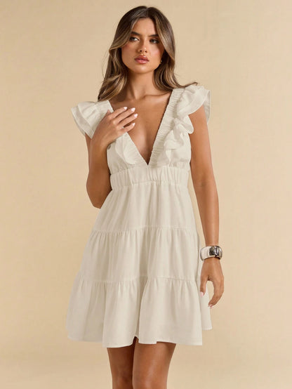 SHEIN BAE Linen V-Neck Short Sleeve Slim Fit Mini Dress, Vacation Dress, White Dress, Graduation & Back To School Dress,Boho Clothes Women