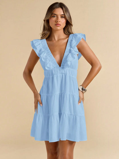 SHEIN BAE Linen V-Neck Short Sleeve Slim Fit Mini Dress, Vacation Dress, White Dress, Graduation & Back To School Dress,Boho Clothes Women