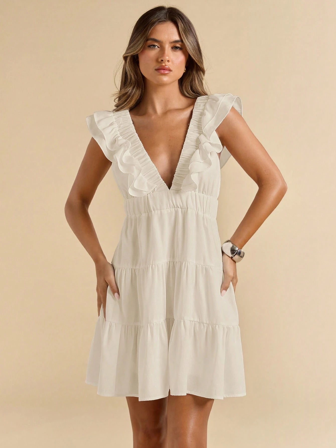 SHEIN BAE Linen V-Neck Short Sleeve Slim Fit Mini Dress, Vacation Dress, White Dress, Graduation & Back To School Dress,Boho Clothes Women