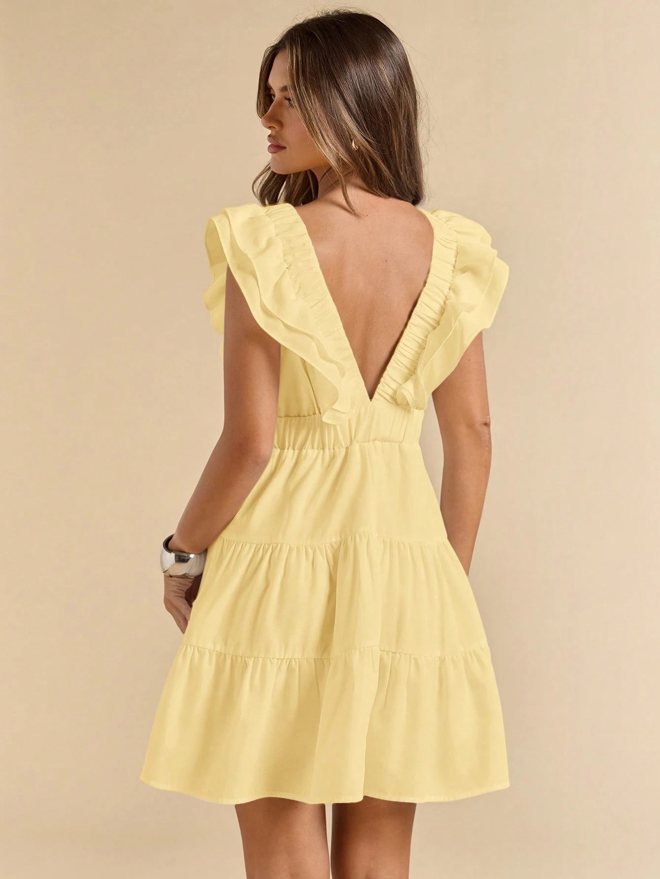 SHEIN BAE Linen V-Neck Short Sleeve Slim Fit Mini Dress, Vacation Dress, White Dress, Graduation & Back To School Dress,Boho Clothes Women