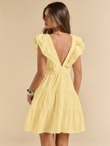 SHEIN BAE Linen V-Neck Short Sleeve Slim Fit Mini Dress, Vacation Dress, White Dress, Graduation & Back To School Dress,Boho Clothes Women