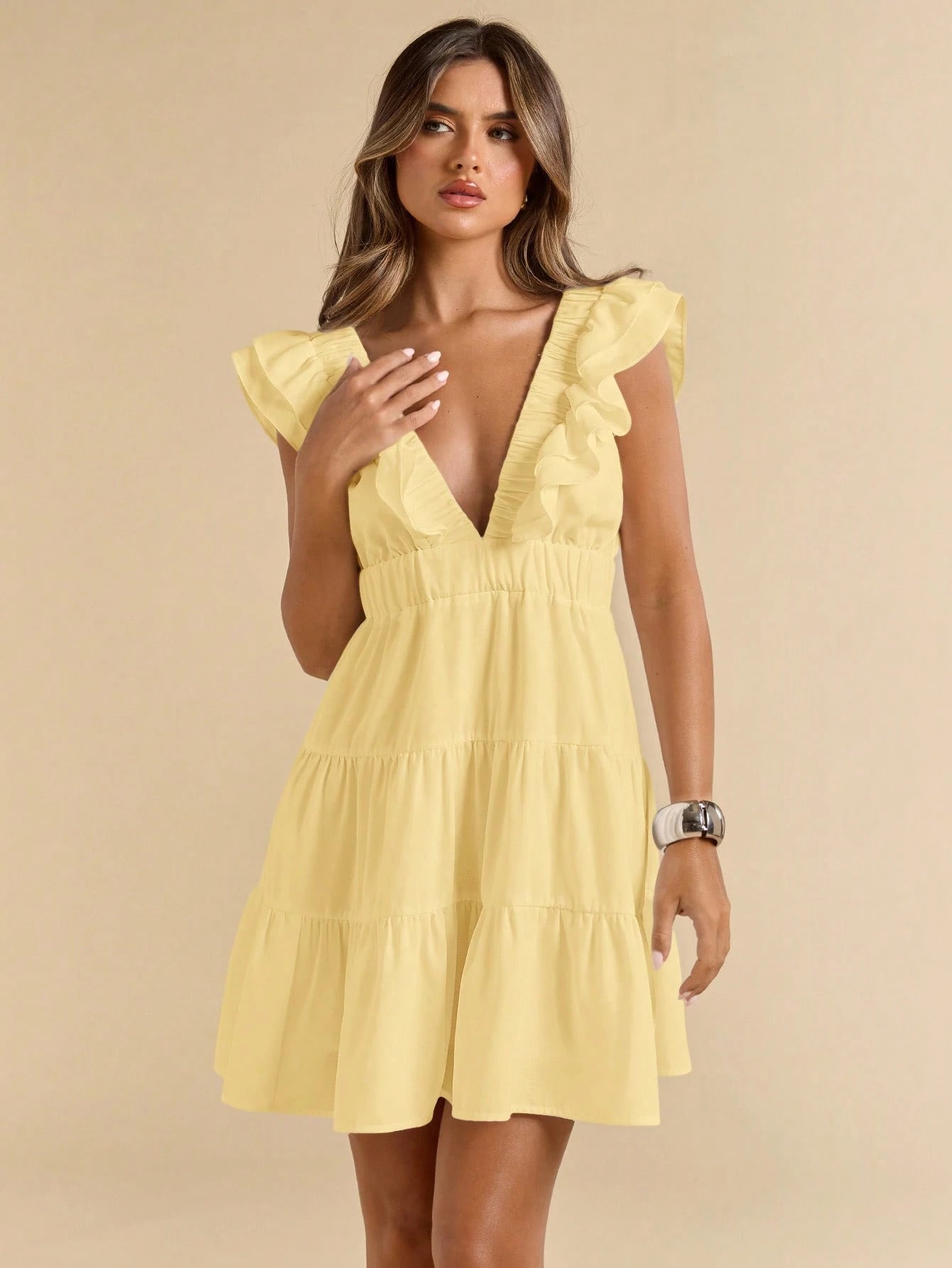 SHEIN BAE Linen V-Neck Short Sleeve Slim Fit Mini Dress, Vacation Dress, White Dress, Graduation & Back To School Dress,Boho Clothes Women