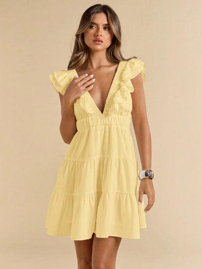 SHEIN BAE Linen V-Neck Short Sleeve Slim Fit Mini Dress, Vacation Dress, White Dress, Graduation & Back To School Dress,Boho Clothes Women