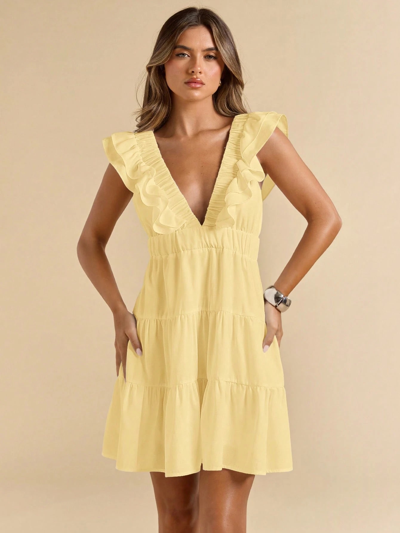 SHEIN BAE Linen V-Neck Short Sleeve Slim Fit Mini Dress, Vacation Dress, White Dress, Graduation & Back To School Dress,Boho Clothes Women