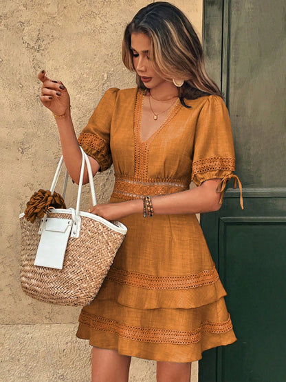 SHEIN Clasi Women's Solid Color Lace Trim Puff Sleeve Mini Dress, Summer