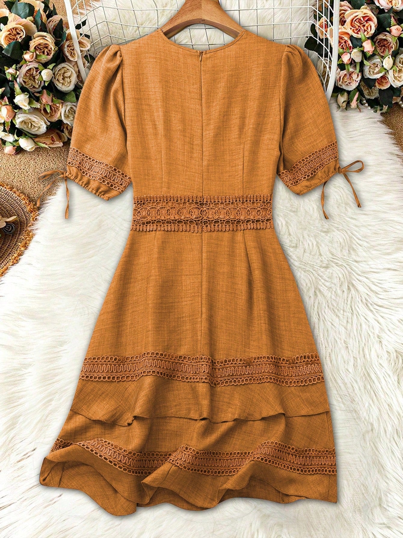 SHEIN Clasi Women's Solid Color Lace Trim Puff Sleeve Mini Dress, Summer