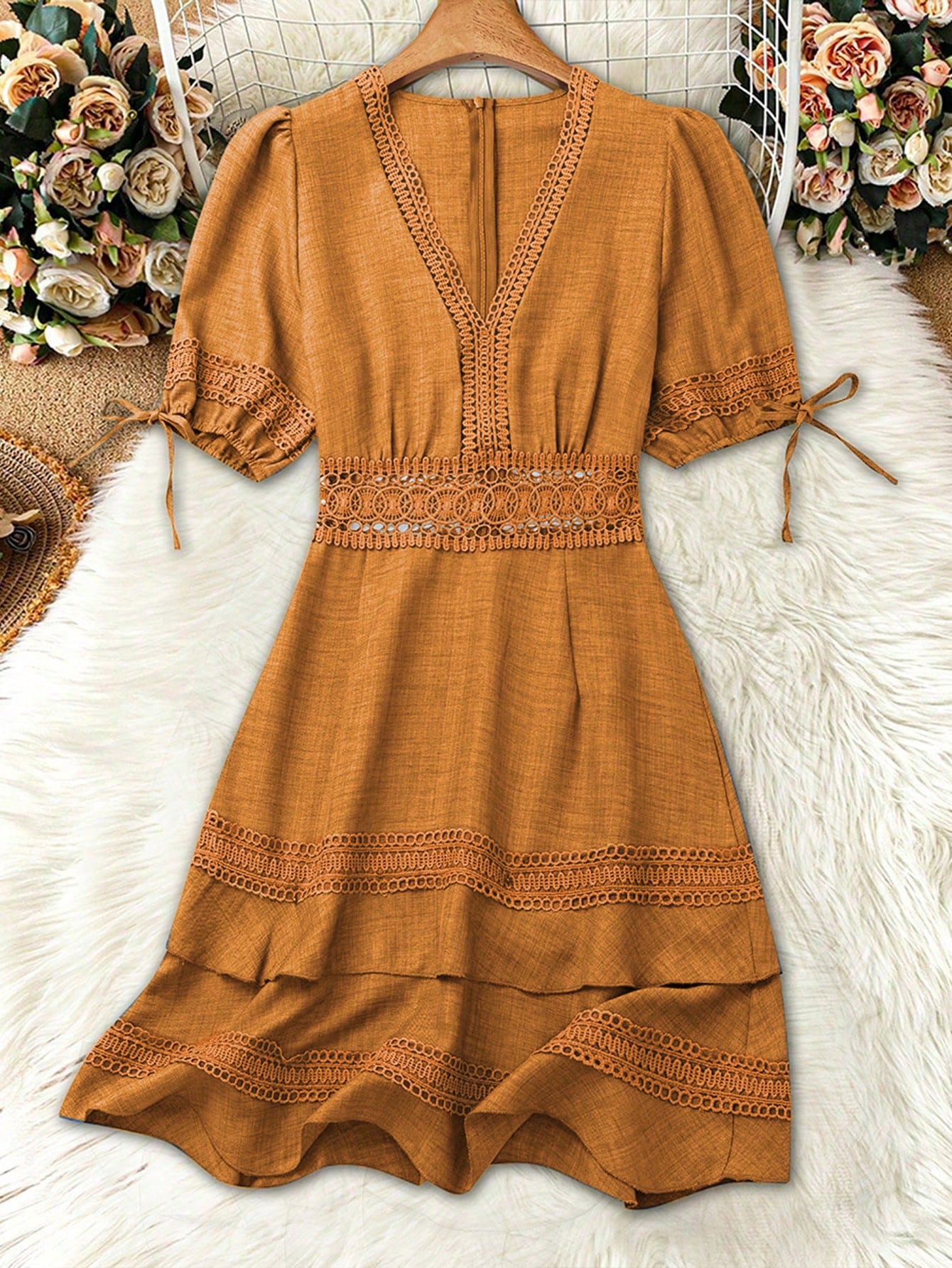 SHEIN Clasi Women's Solid Color Lace Trim Puff Sleeve Mini Dress, Summer