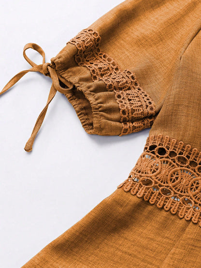 SHEIN Clasi Women's Solid Color Lace Trim Puff Sleeve Mini Dress, Summer