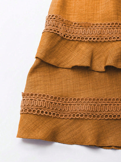 SHEIN Clasi Women's Solid Color Lace Trim Puff Sleeve Mini Dress, Summer