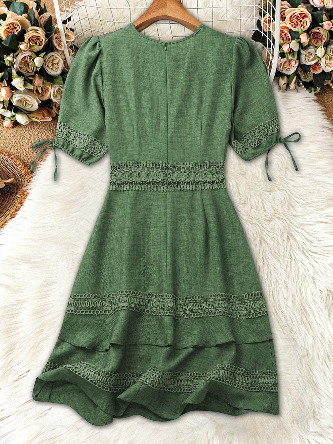 SHEIN Clasi Women's Solid Color Lace Trim Puff Sleeve Mini Dress, Summer